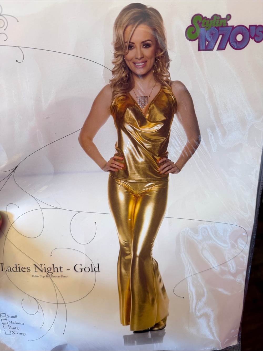 Gold Ladies Night Costume 70's Disco Bell Bottoms Halloween Hippie Size Small
